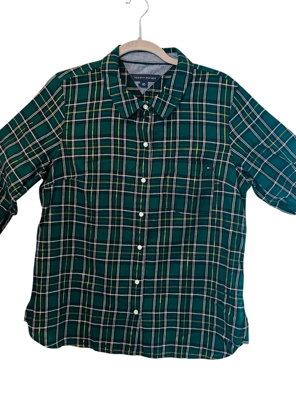 Tommy Hilfiger Dark Green Plaid Button-Down Shirt Womens Lg